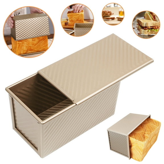 VONTER Pullman Loaf Pan w Cover Bread Toast Mold corrugated loaf Pan w lid 1lb dough Alluminum Alloy Non Stick Gold (8.5X4.75X4.375INCH)