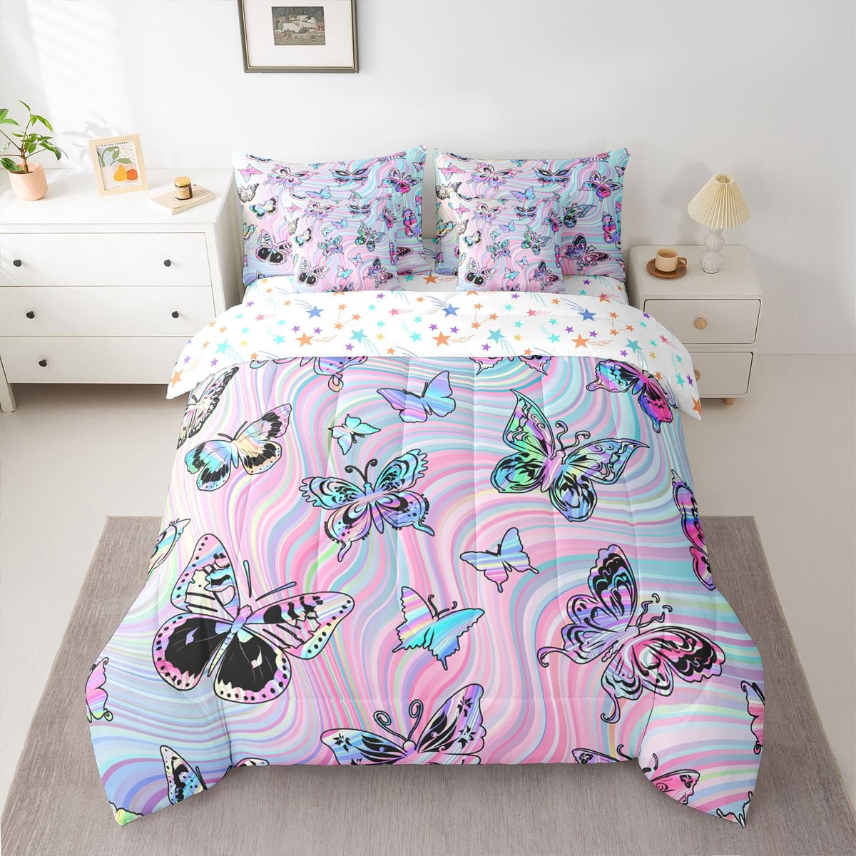 jejeloiu Bohemian Cartoon Butterflies 7-Piece Twin Bedding Sets,Colorful Fulid Art Bedding Comforter Set,Pink Blue Ombre Sheet Sets For Girls Teens,Super Cozy Room Decor Reversible