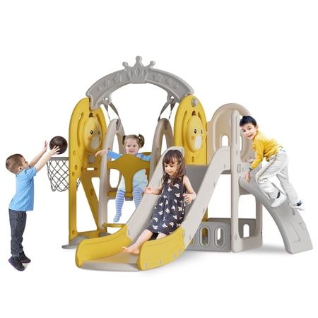 OCWHELAX 5-in-1 Kids Slide with Climber  Swing  Storage  Basketball Hoop  Indoors Outdoor Playground Slide for Toddler Age 1+