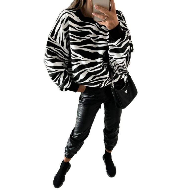 Lumento Ladies Comfy Work Pullover Basic Zebra Printed Tops Casual