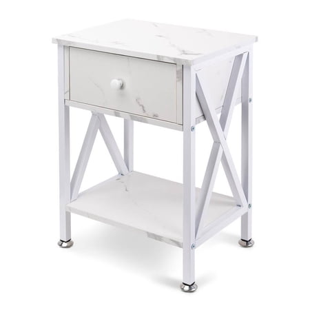 Nightstand with Drawer and Open Storage Shelves  Bedside End Table for Bedroom Living Room  White