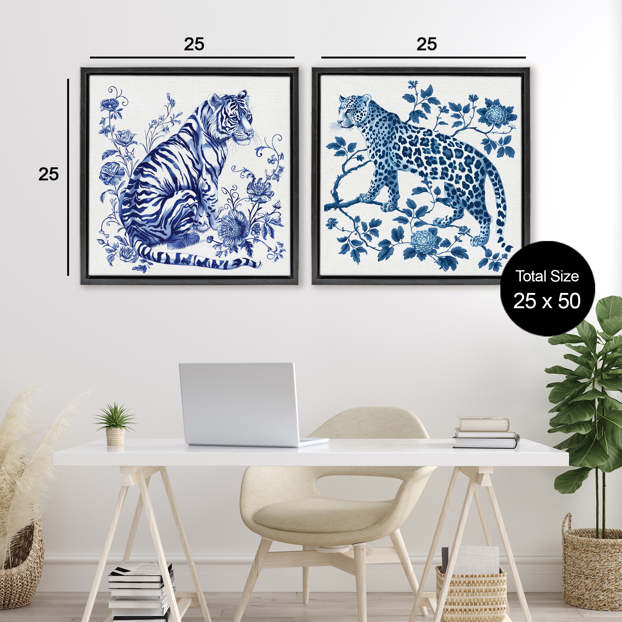 Ornate & Detailed Large Cats 2 Piece Black Framed Floater Canvas Set, design by Lettered and Lined