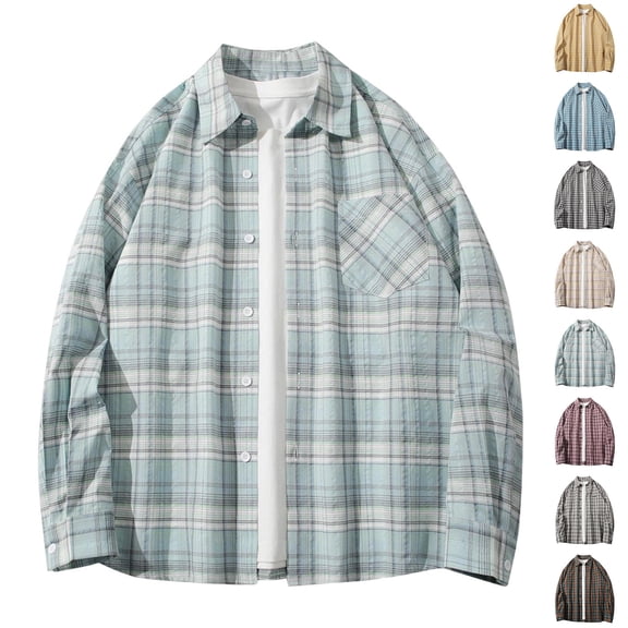 BiZtdJrK Mens Long Sleeve Lightweight Plaid Shirts Casual Button Down Lapel Shirt Jackets with Pockets Fall Fashion Clothes Coffee L