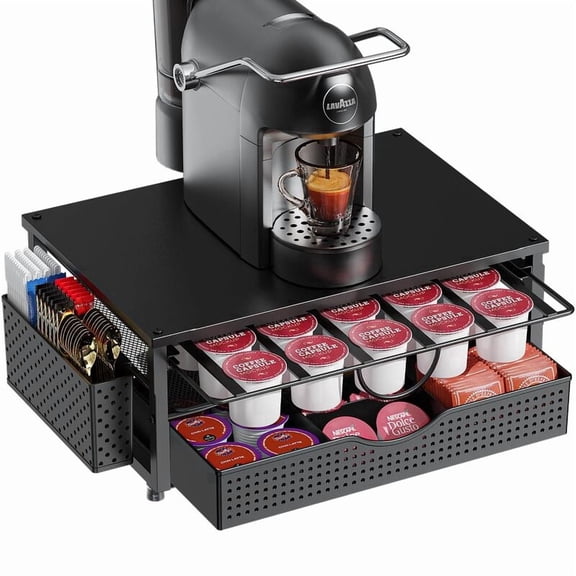 Xoperyu 2-Tier Coffee Pod Storage Rack Organizer – Holds 84 Capsules, Sliding Drawer & Side Compartment, Black