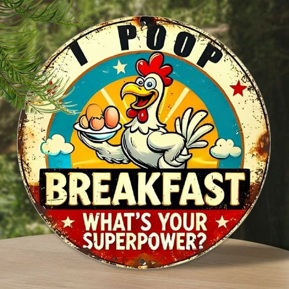 1pc Humorous Chicken "I Poop Breakfast" Metal Sign - 7.8x7.8 inch Round Aluminum Wall Art, Vintage Look with Rustic Distressed Design for Bar, Café, Beach House, Chicken Decor, 2D