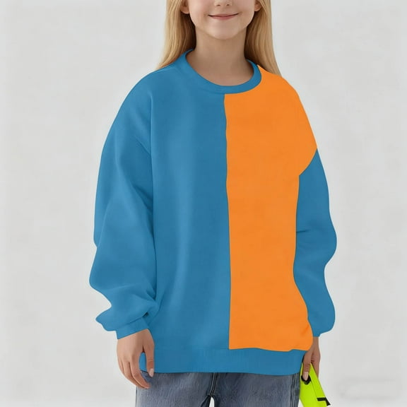 AUNVITO Kids Fleece Pullover Color Block Print Long Sleeve Crewneck Sweatshirt Cozy Winter Casual Top 2-14Y