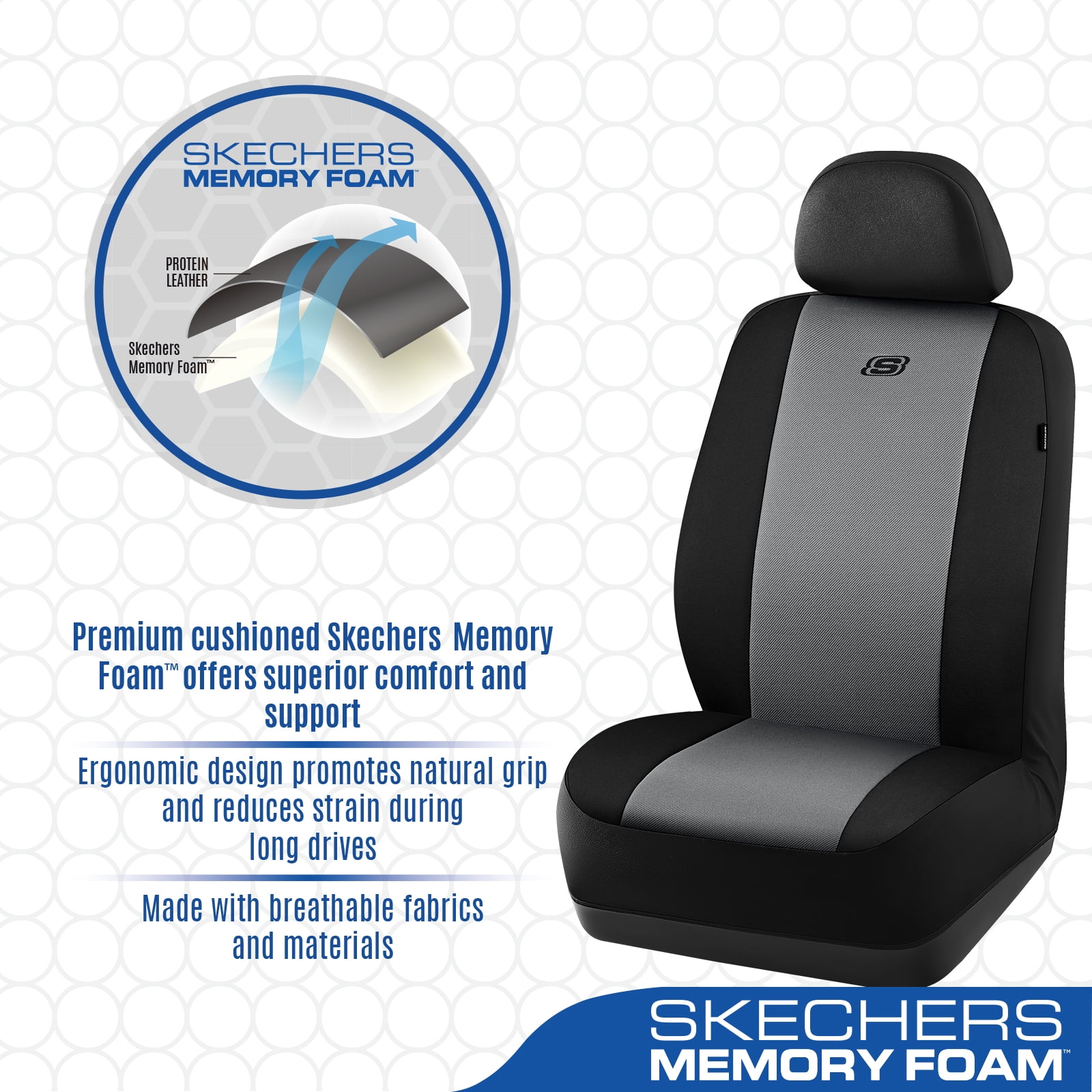 Skechers Memory Foam Fabric Car Seat Cover, Breathable, Comfortable Support, Easy Install, Stylish Design, Universal Fit for Cars and SUVs Gray