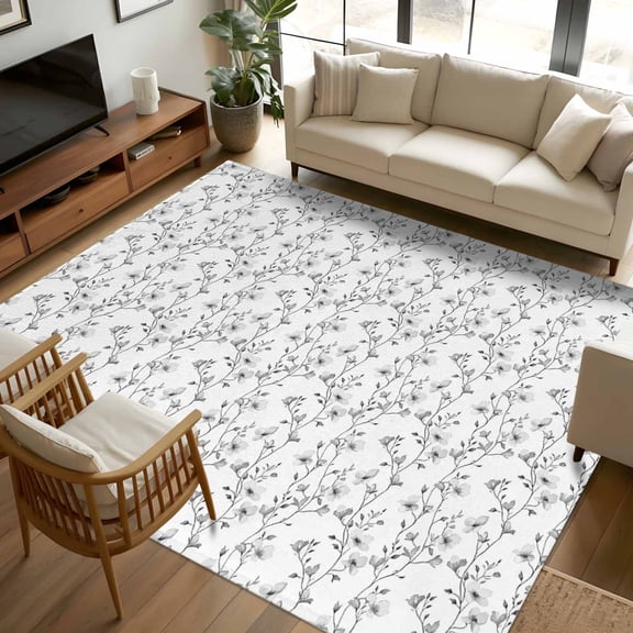 8x10 Area Rugs Grey Spring Floral Non-Skid Rubber Backing Large Rectangle Rugs - Living Room Bedroom Home Office, Elegant Watercolor Summer Botanical Indoor Floor Mat Carpets Washable Rug