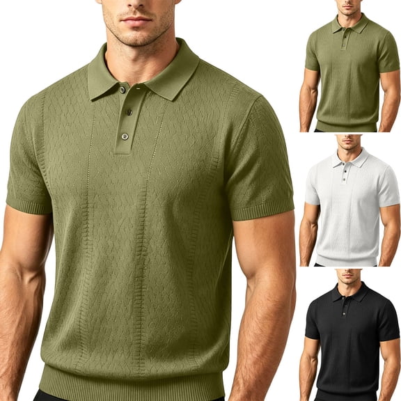 Men's Smart Casual Knit Polo Shirt, Hollow Out Textured Short Sleeve Shirt for office & Weekend Green