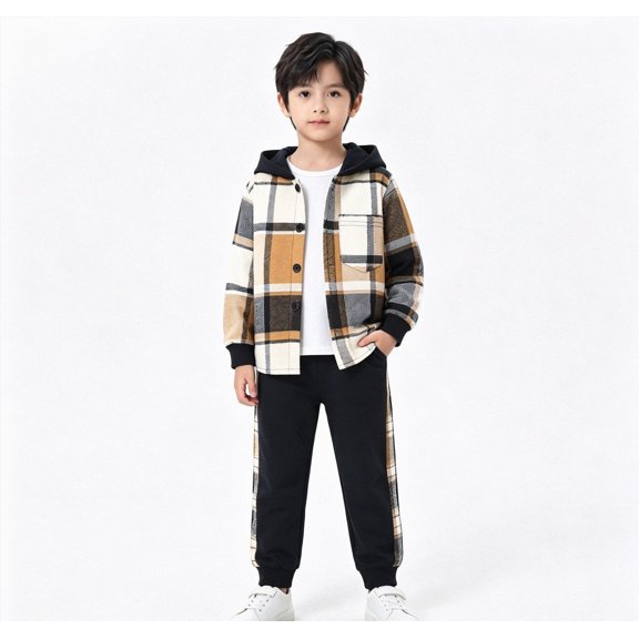 OYXSER 5T Kids Boys Cotton Plaid Shirt Tops Pants Set Hoodie Sweatsuit for Fall Winter Spring Outfits