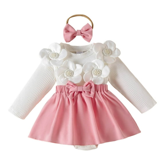 Gubotare Baby Girl Winter Clothes Baby Girl Outfits Toddler Letter Embroidery Smocked Long Sleeve Romper Dress with Headband 0 3 6 9 12 18 24 Months (Pink,9-12 Months)