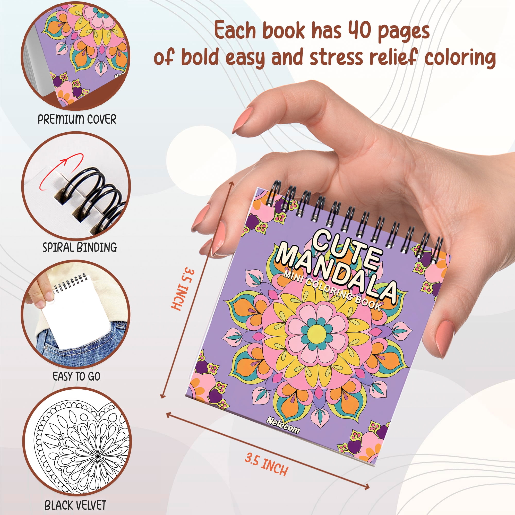 Pattern Mini Coloring Book Spiral Bound for Adult, Pack 6, 3.5” x 3.5” Pocket Size, 40 Coloring Pages Stress & Anxiety Relief, Travel for Women Men