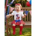 thumbnail image 6 of Loicainy Infant Baby Girl 4th of July Clothes Set 3 6 9 12 18 Months Letter Bow Print Short Sleeves Romper and Layered Ruffles Shorts Cute Headband Socks 5Pcs Outfits, 6 of 9