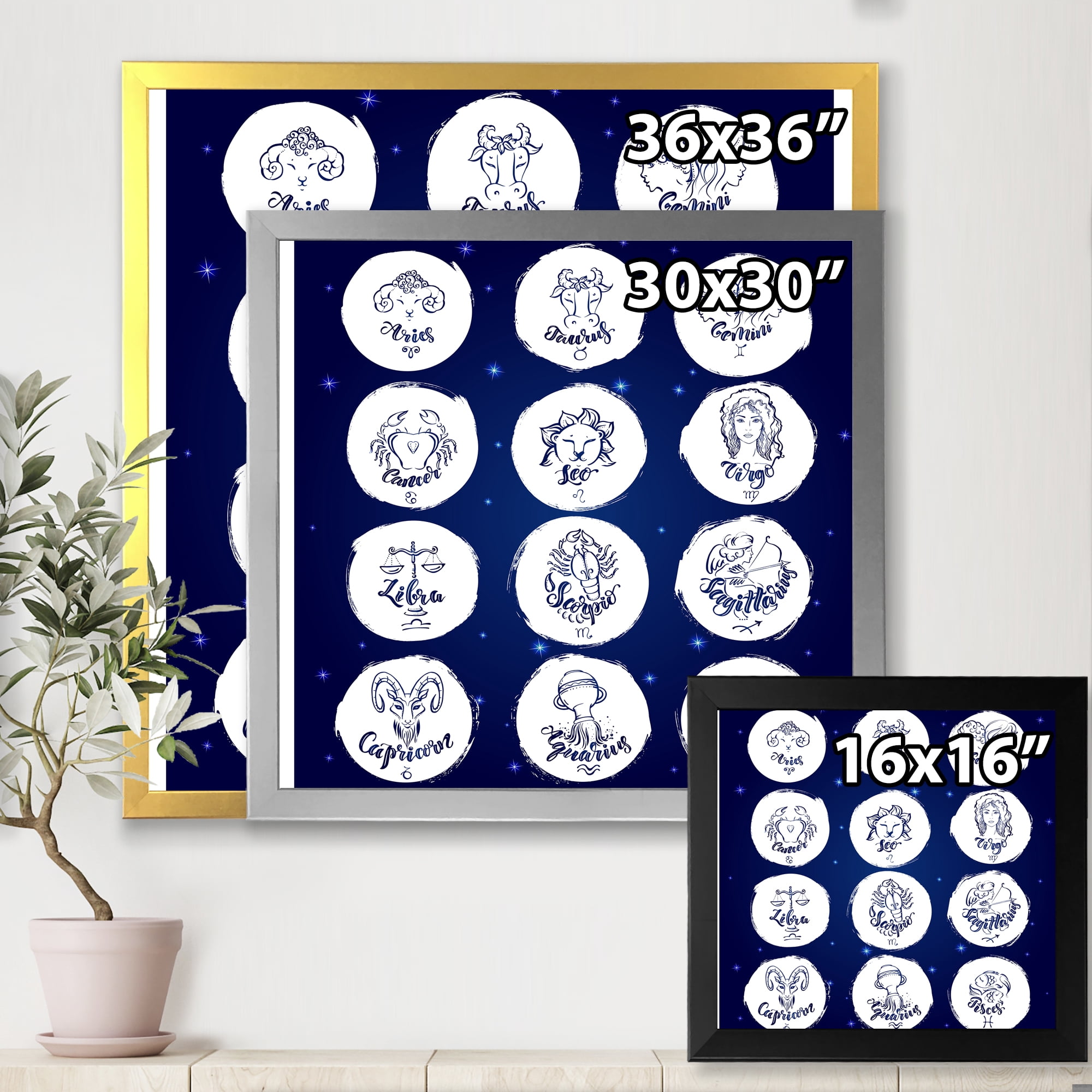 Designart 'Zodiac Diagram & Signs On Blue' Modern Framed Art Print