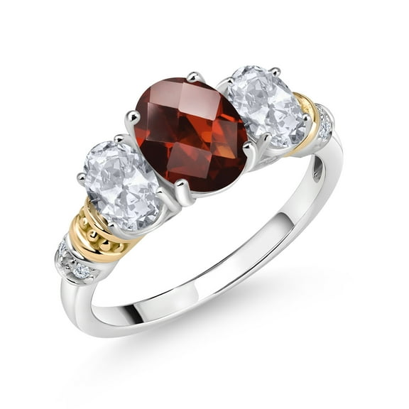 Gem Stone King 925 Sterling Silver and 10K Yellow Gold Oval Red Garnet White Topaz and White Diamond 3 Stone Ring for Women (2.76 Cttw, Gemstone January Birthstone, Size 8)