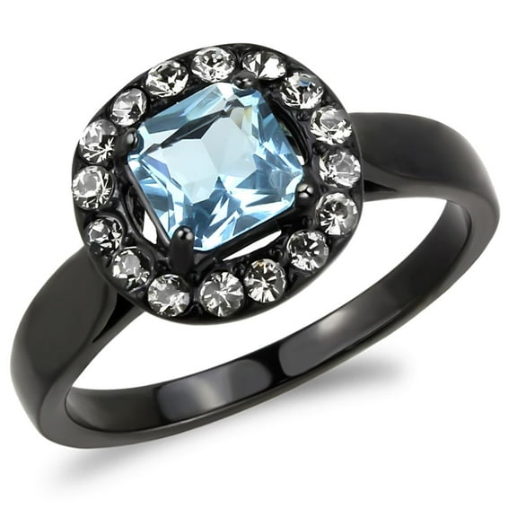 Luxe Jewelry Designs Women's Black IP Stainless Steel Engagement Ring with Synthetic Sea Blue Glass