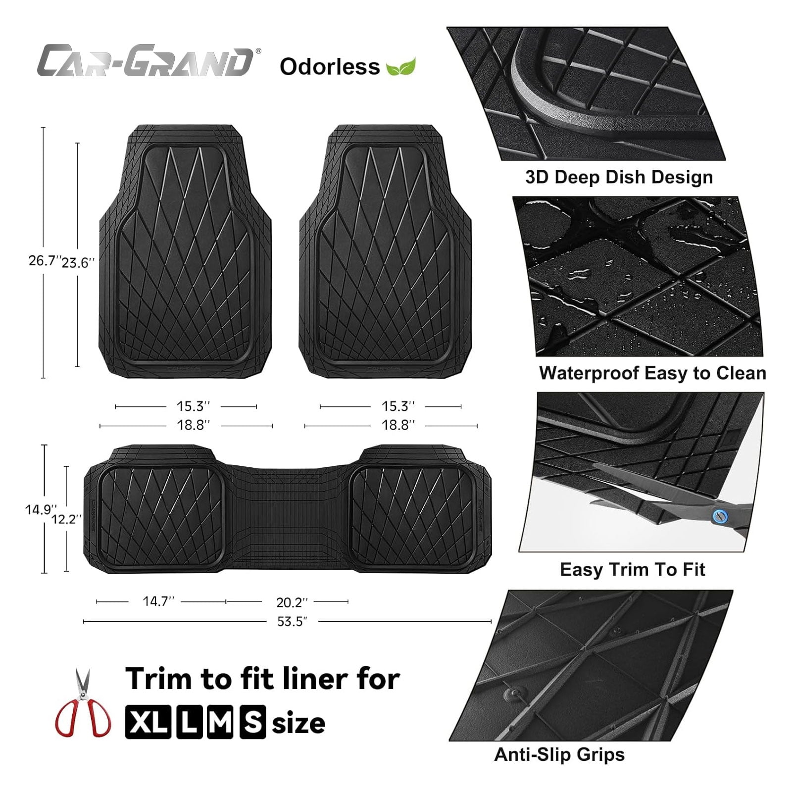 CAR GRAND premium heavy duty rubble car floor mats deep dish all weather waterproof easy clean universal trim fit sedan SUV Van Truck all black