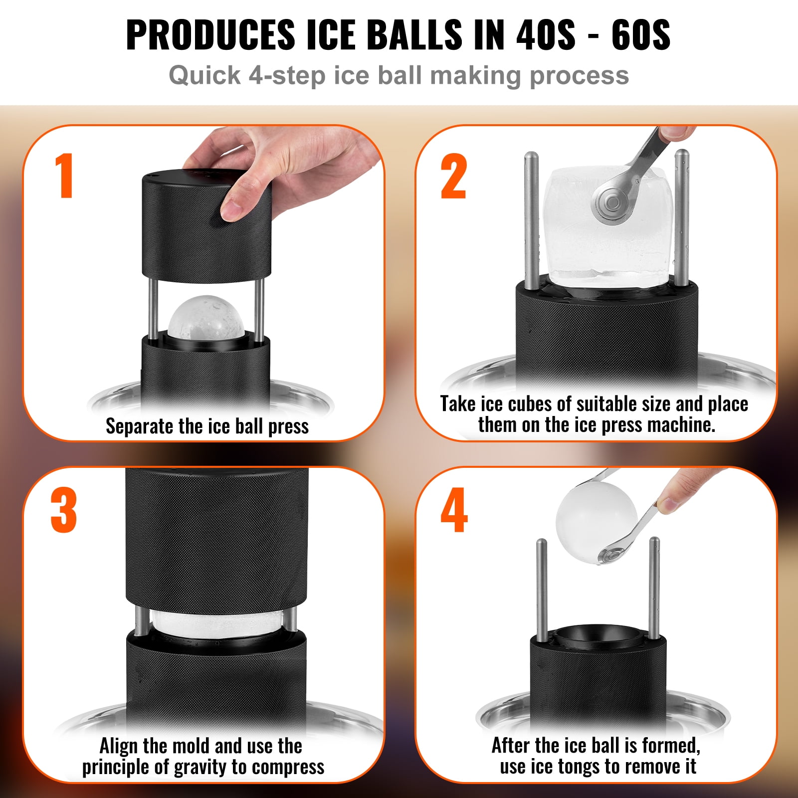 KFFKFF 2.4"/60 mm Ice Ball Press Ice Ball Maker Ice Press Kit for Whiskey Black