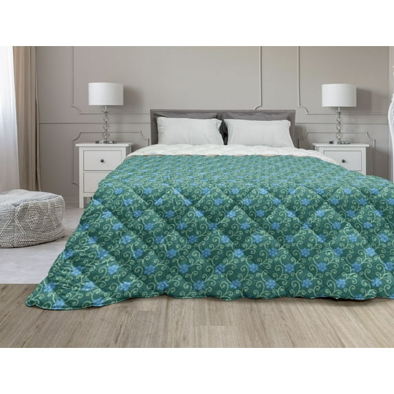 Floral Down Alternative Comforter, Chrysanthemum Flower Bouquets Garden Art Blossoms of Spring Revival, Microfiber Quilt for All Season, 5 Sizes, Pale Green and Dark Teal, by Ambesonne