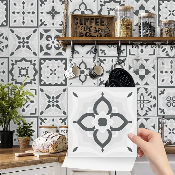24 Piece Self Adhesive Gray Tiles Stickers 6" x 6" Flower Pattern DIY Decor Vinyl Wall Decals Mural Waterproof Peel and Stick Tile Kitchen Backsplash