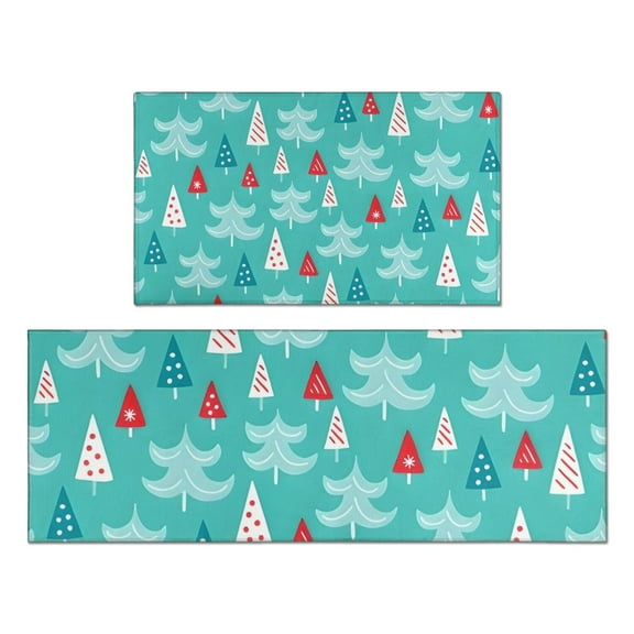 Turquoise Christmas Tree Pattern Kitchen Rugs Sets Of 2,Anti Fatigue Kitchen Mat Rugs Non Slip Washable,Decorative Kitchen Floor Mats for Kitchen,Sink,Laundry,17"x30" 17"x47"