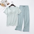 thumbnail image 2 of Besolor Ensembles de Pyjama pour Femmes Décontractés à Rayures, T-Shirts à Manches Courtes à Col Ras du Cou et Pantalons Capri, Tenue 2 Pcs, Vêtements de Nuit, Pyjamas, 2 of 7
