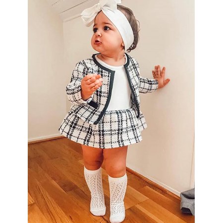 

xingqing 1-6Y 2PCS Toddler Baby Girl Dress Outfit Long Sleeve Plaid Jacket Coat Tutu Skirt Dress 2Pcs Party Clothes Set White 4-5 Years