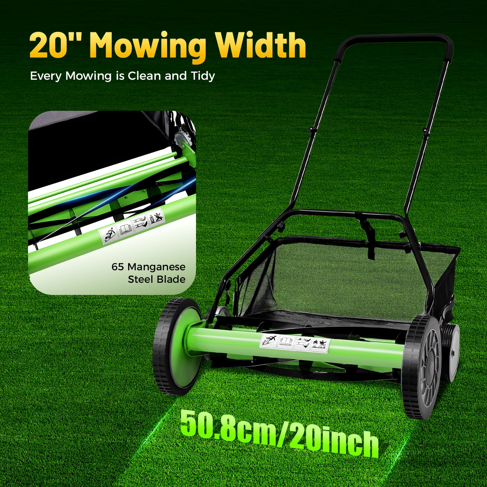 Manual Push Reel Lawn Mower, 20-Inch 5-Blade with 9-Position Height Adjustment, Grass Catcher, Low Noise Operation for Garden and Yard