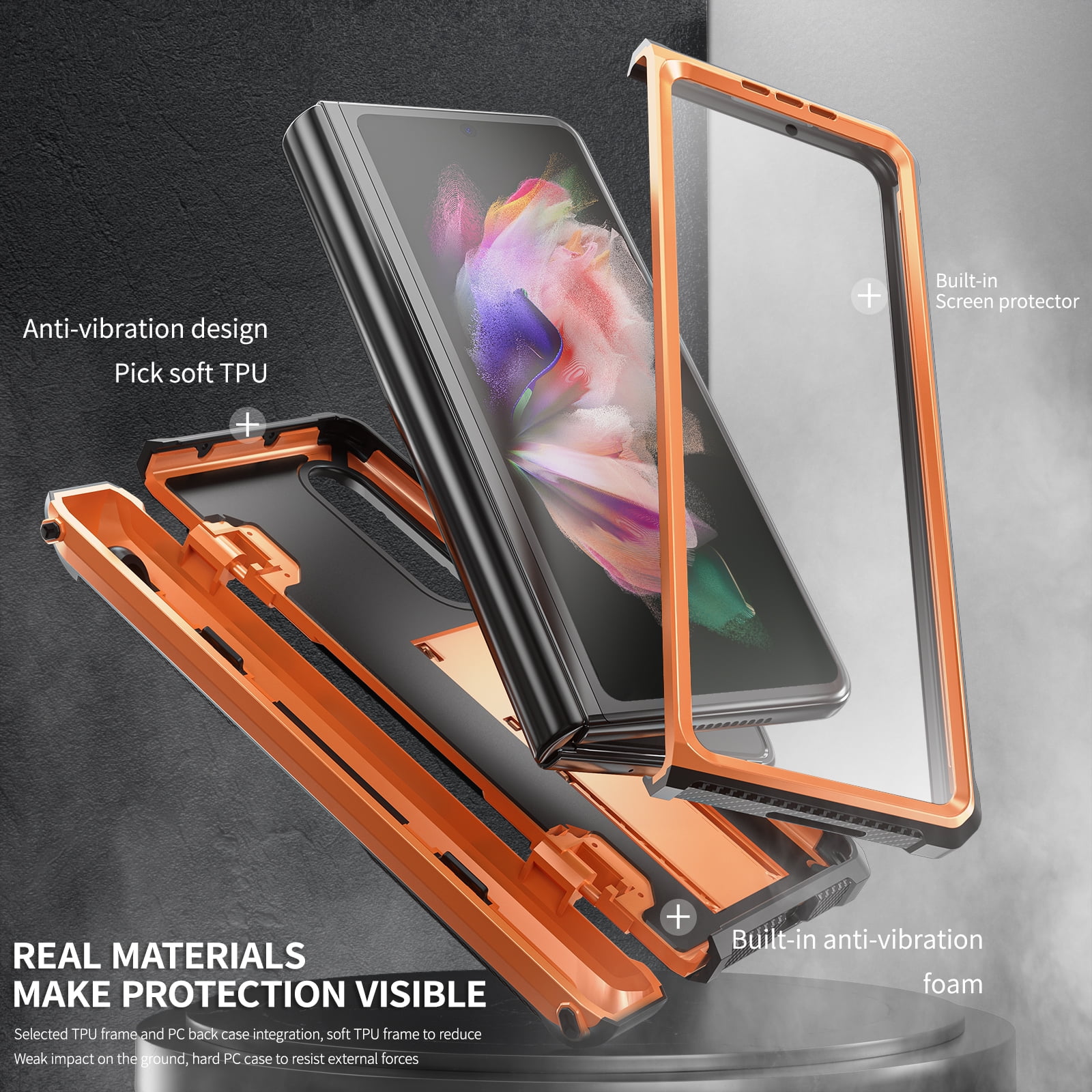 TECH CIRC Case for Samsung Galaxy Z Fold 3 Compatible with MagSafe, Heavy Duty Rugged PC Shockproof Hinge Protection Cover with Hidden Bracket Screen Protector S Pen Holder Galaxy Z Fold 3 Case,Orange