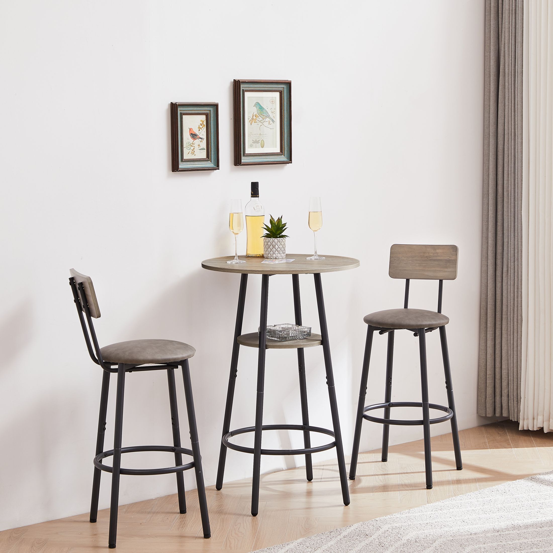 DEALTOPS Round bar stool set with shelf, upholstered stool with backrest-Grey, 23.62'' W x 23.62'' D x 35.43'' H
