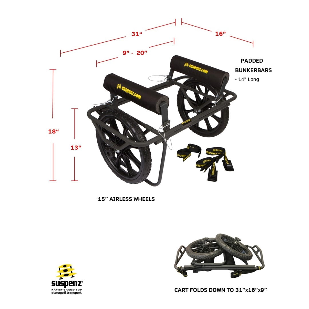 Suspenz Kayak Canoe Transport Cart, All-Terrain Super Duty Trolley, Airless Wheels, 300lb Capacity