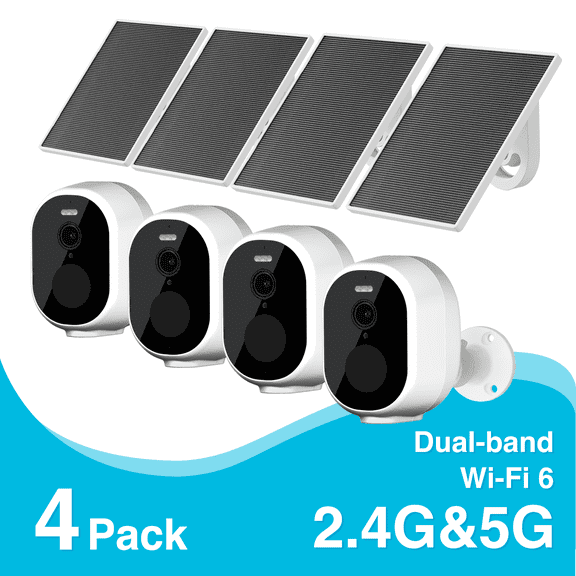 Dual Band WiFi6 Solar Battery Powered Wireless Security Camera System 4MP Bullet Cam Indoor Outdoor 4PACK