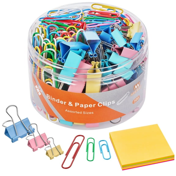 NEEWAY 300pcs Paper Clips and Binder Clips Assorted Sizes with 100 Sheets Sticky Notes,  Colored Paper Clips and Binder Clips Set for Home, Office Supplies