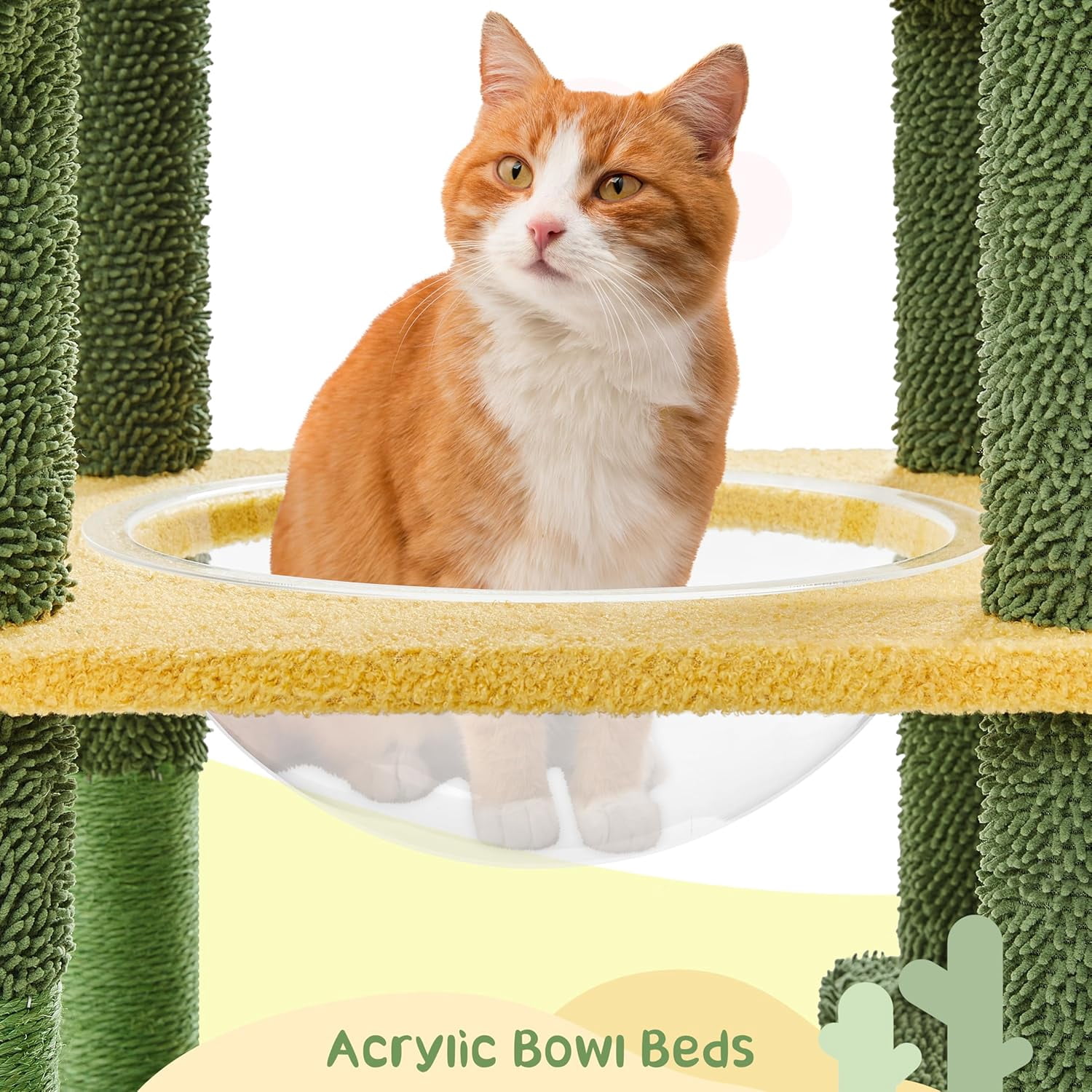 WSWJY 68.5in Tall Cactus Cat Tree, Multi-Level Tower with 2 Large Condos, Scratching Posts, 2 Acrylic Clear Bowls, Mushroom Perch & Dangling Balls