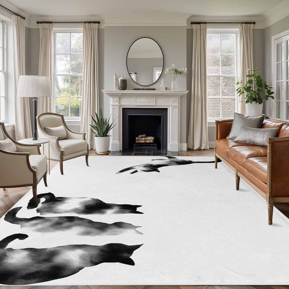 Black White Cat Area Rugs 8'x10', Washable Small Throw Rugs for Living Room Patio, Retro Art Animals Indoor Outdoor Rug Non-Slip Low Pile Carpet Runner Reversible Floor Mats