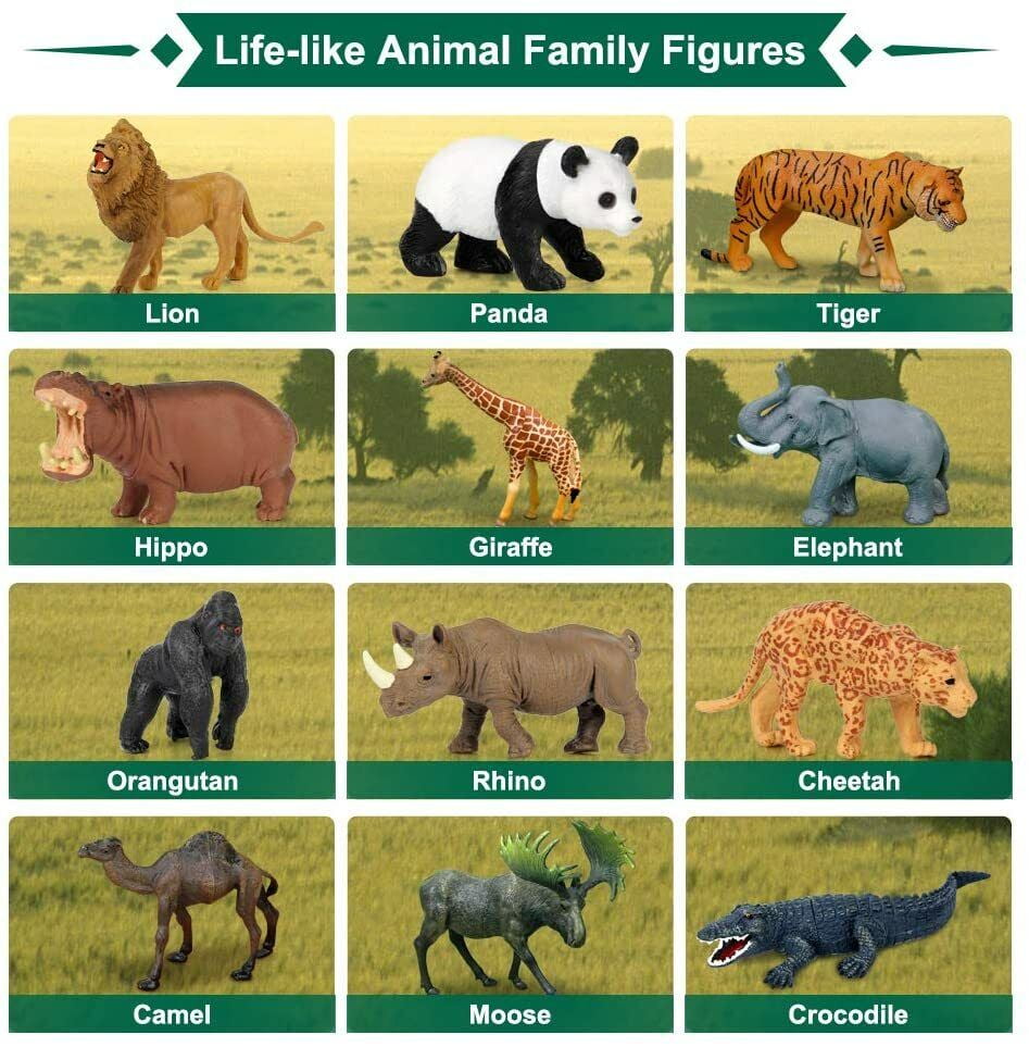 VKZON Animal Figure Toys Safari Figurines, Plastic African Animals Educational Learning Playset with Elephant, Giraffe, Lion, Tiger for Kids Toddlers Children Age 3-8