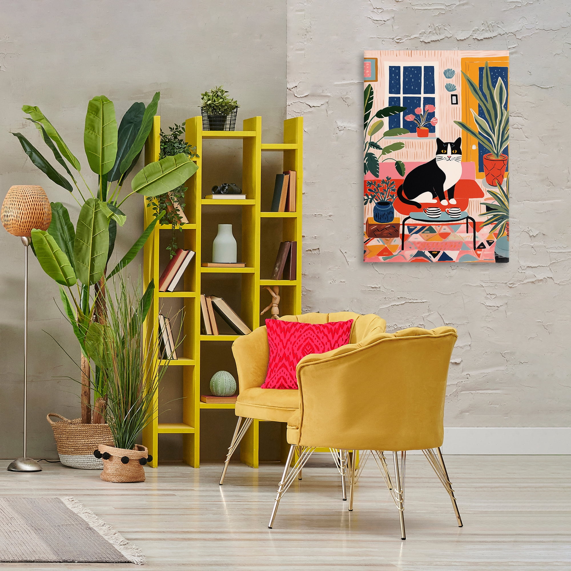 Stupell Industries Eclectic Living Room Cat Animals & Insects Painting Gallery Wrapped Canvas Art Print Wall Art, 24 x 36
