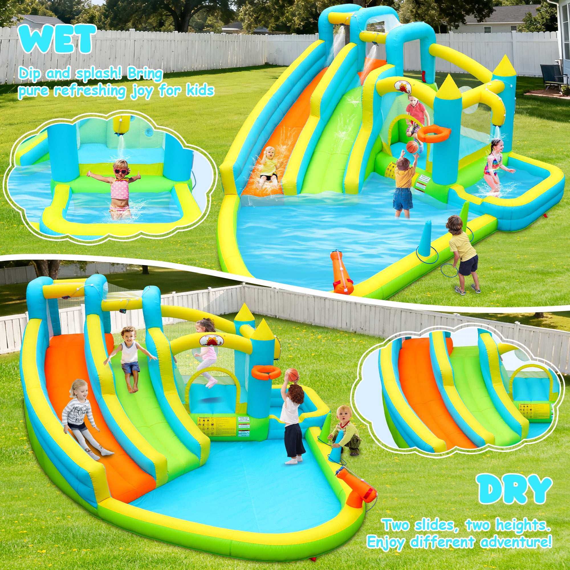 WELLFUNTIME Inflatable Water Slide for 5 Kids, Bounce House with Blower, Splashing Pool, Water Cannon, Water Park for Backyard Summer Fun