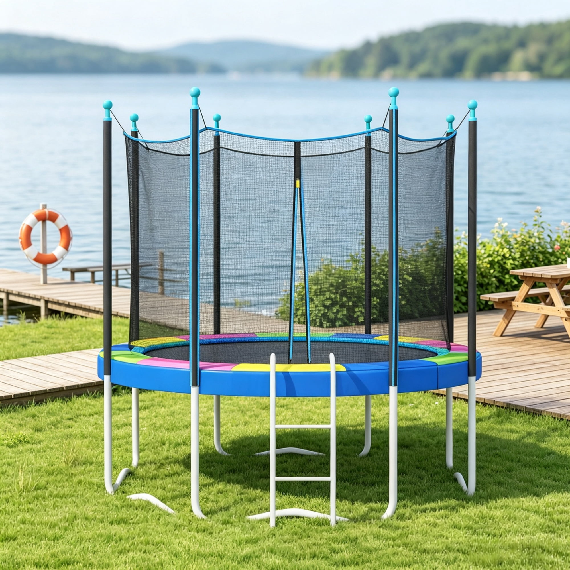 12FT Trampoline Spring Pad, Safety Replacement Cover, Waterproof & Tear Resistant, No Pole Holes, All Weather Trampoline Part, Multi-Color (Only Trampoline Replacement Mat)