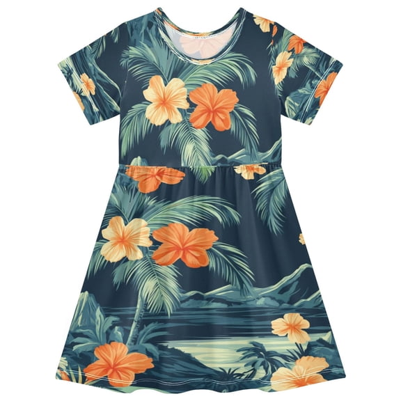 Girls Short Sleeve A-Line Dress Hawaiian Floral Pattern Play Dress Sizes 2T