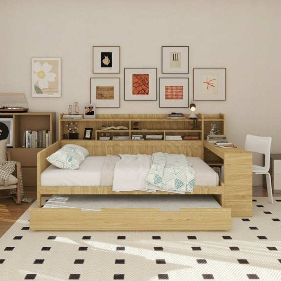 Wooden Full Size Daybed with Storage Shelves, Multi-functional Bed with Twin Size Trundle Bed and Study Desk, Natural