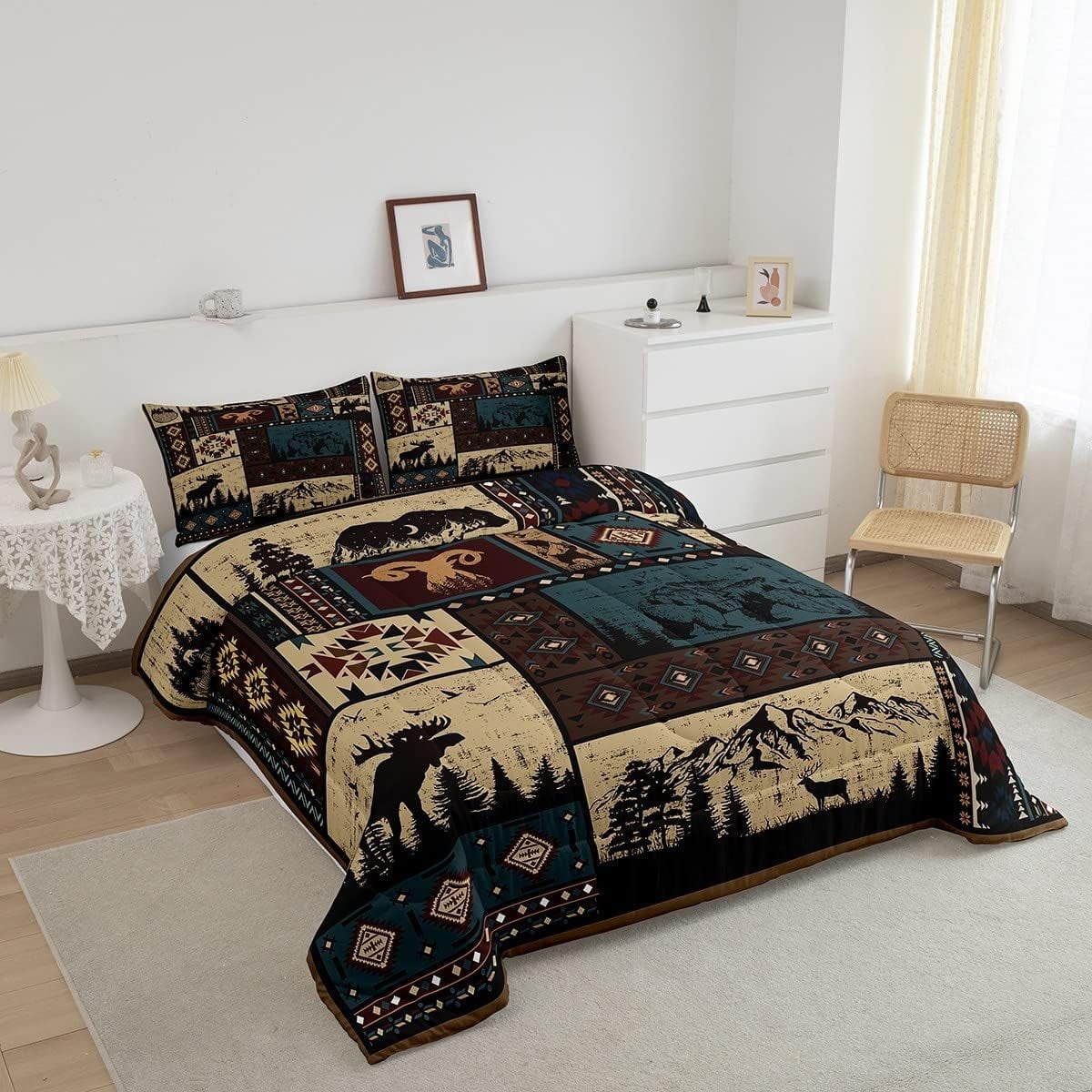 Manfei Aztec Bedding Sets King Rustic Southwestern American Native Comforter Set,Bear Deer Moose Quilt Retro Indian Style Hunting Animal Duvet Insert with 2 Pillowcase Microfiber
