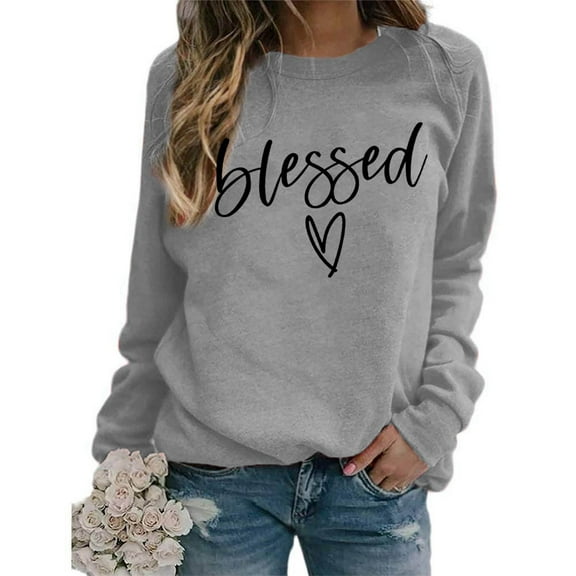 Women's Fashionable Casual Long Sleeve Printed Pullover Sweatshirt Blessed Design Comfort Top for Women Loose Fit Streetwear,Gray,XL