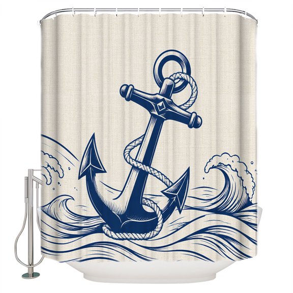 Navy Blue Anchor Nautical Bathroom Shower Curtains with 12 Hooks Polyester Waterproof Shower Curtain for Stalls and Bathtubs Ocean Waves Linen Texture Decorative Bathroom Privacy Curtain 72x84 Inches