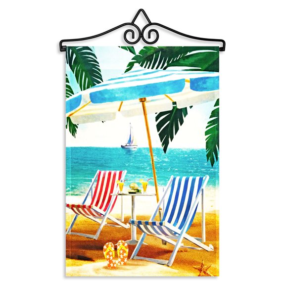 G128 Combo Pack Garden Flag Hanger 14IN & Garden Flag Beach Summer with Chairs Umbrella 12x18IN Printed 150D Polyester