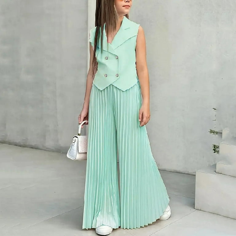 Mint Green Girls 2 Piece Outfit Set: Sleeveless Double Breasted