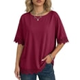 thumbnail image 3 of Women'S Summer Tops Oversized Short Sleeve Shirts Casual Loose Lace Patchwork T-Shirt Outfits Wine Red XL, 3 of 6