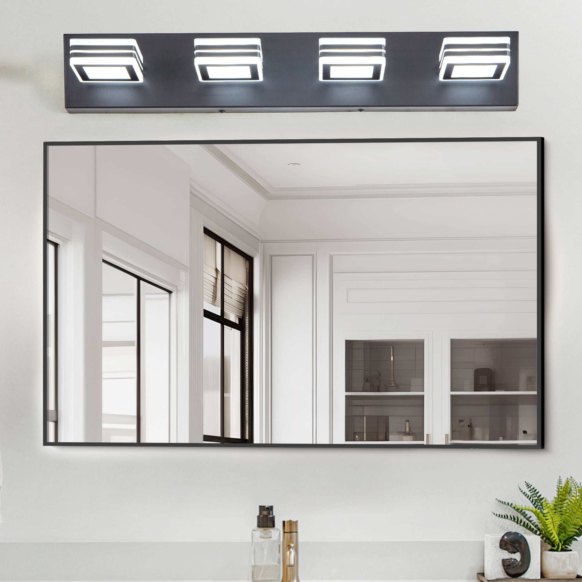26" Modern Black 4-Light LED Vanity Light, Square Acrylic Lampshades Wall Mount Fixture for Bathroom, Mirror Lighting