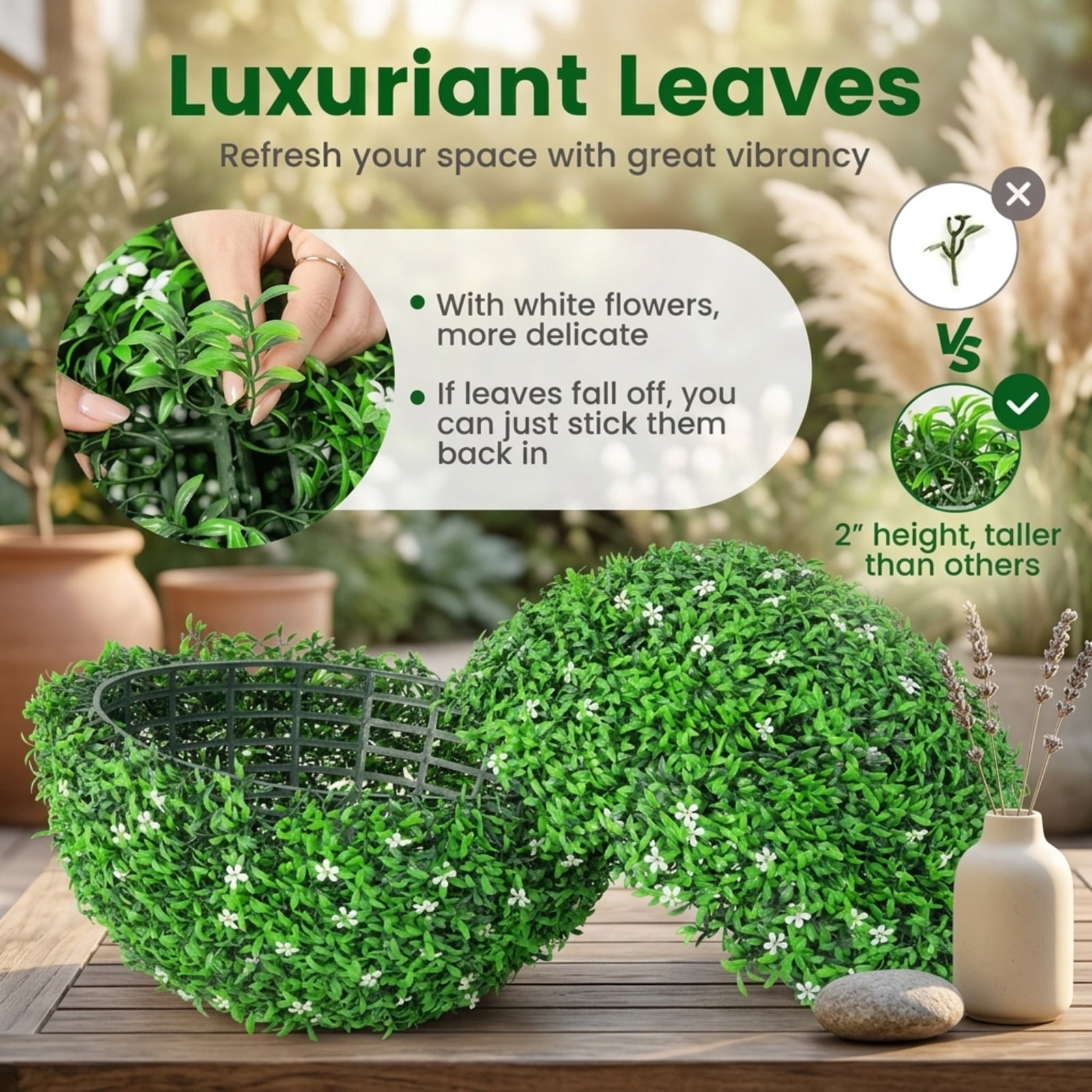 Vebreda Artificial Plant Decor, 2 PCS Holly Artificial Topiary Balls 19.5 Inch Faux Boxwood Balls, Vivid Leaves and Flowers, Simple Maintenance