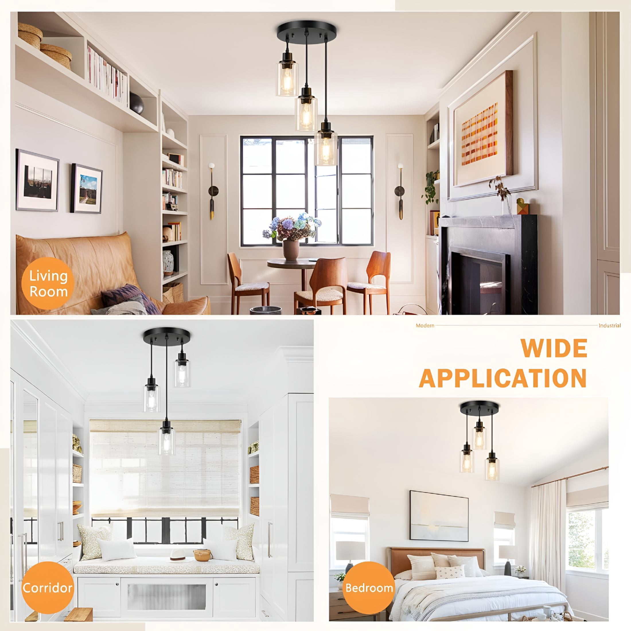 HIBIBUD 2026 New 3-Light Pendant Light Fixtures Cluster Pendant Kitchen Island Pendant Lighting with Clear Glass Shade Hanging Light Fixtures with Adjustable Cord for Dining Room,Hallway,Living Room